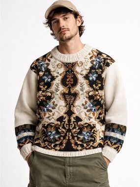 John Henry Vintage Floral Tapestry Knit Sweater Men M Cream Ramie Cotton 90s